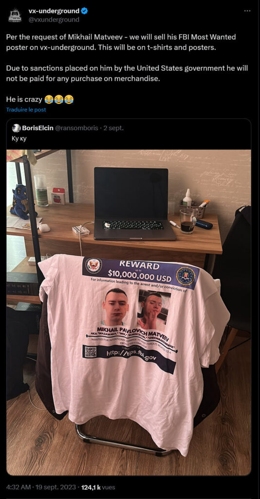 Photo du T-Shirt avec lequel Matveev trolle le FBI sur X (Twitter)