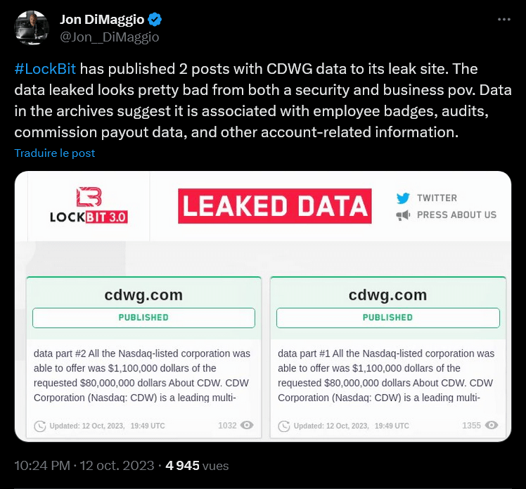 Lockbit ransomware publication des données CDWG,  Jon DiMaggio Twitter.