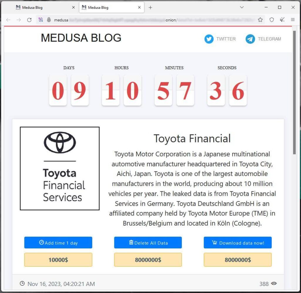 Demande de rançon de Medusa à Toyota