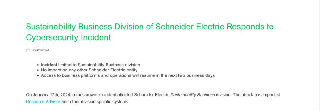 Capture d'écran du communiqué du 29.01.2024 de Schneider Electric
