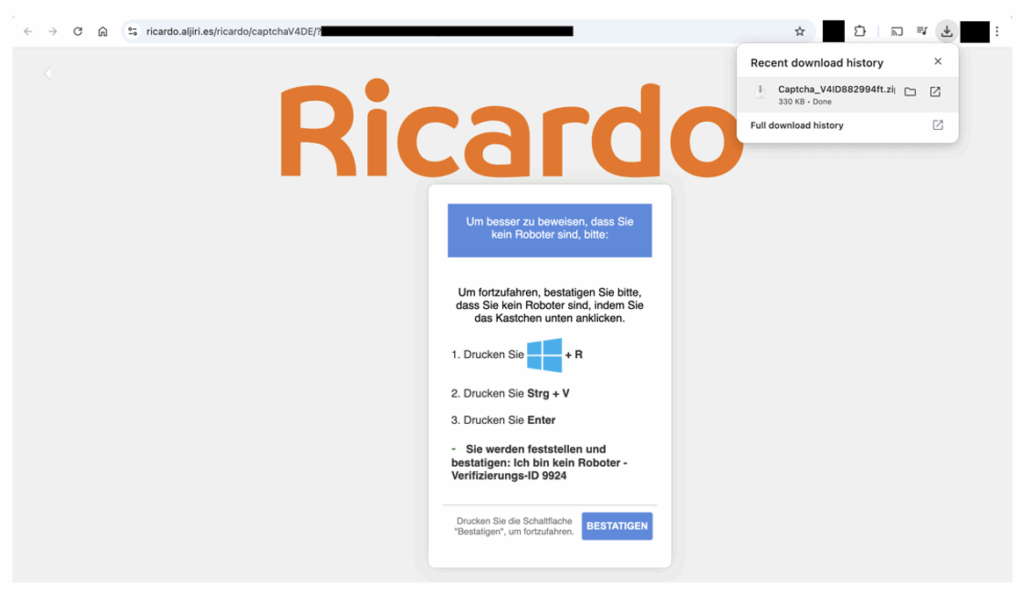 ClickFix phishing attack through Ricardo swiss website