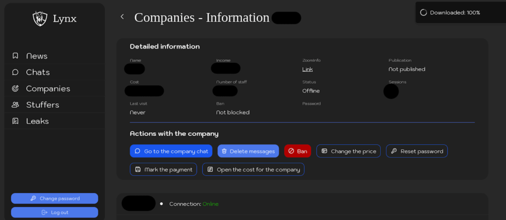 Interface lynx ransomware panel compagnies information