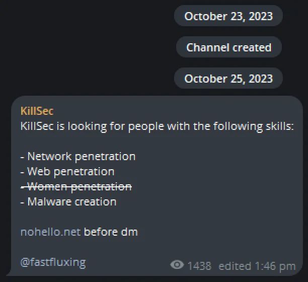 First message from KillSec