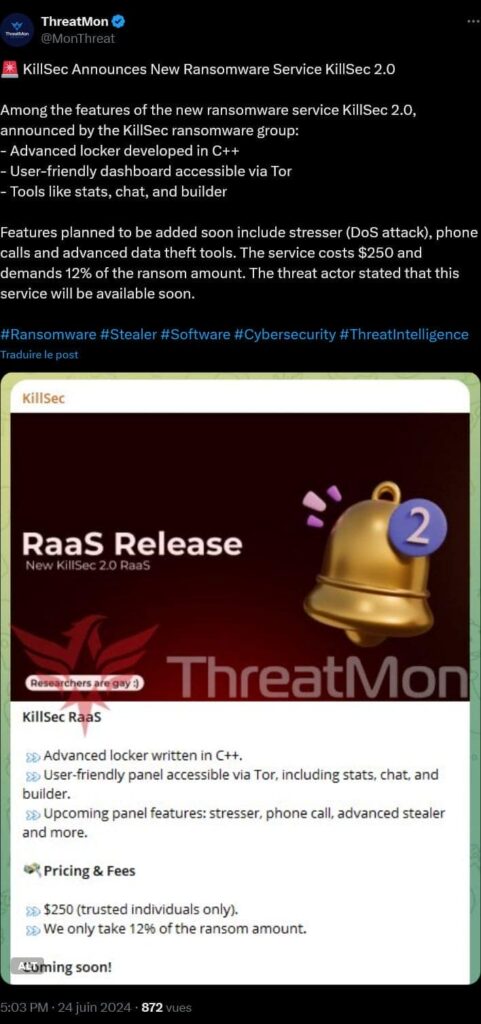 RaaS release message by KillSec