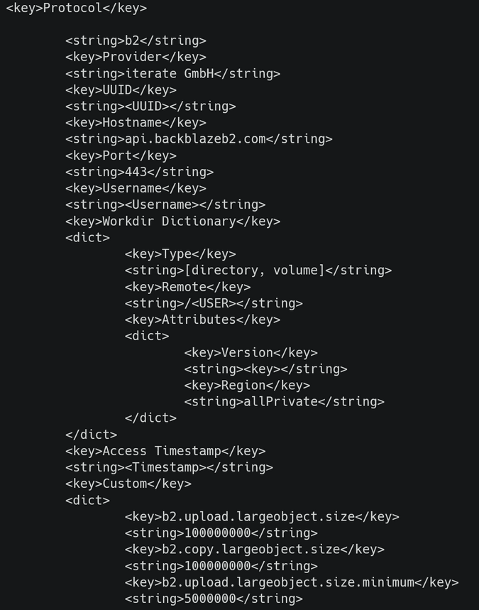 Excerpt of Cyberduck history file showing Backblaze host configuration for data exfiltration