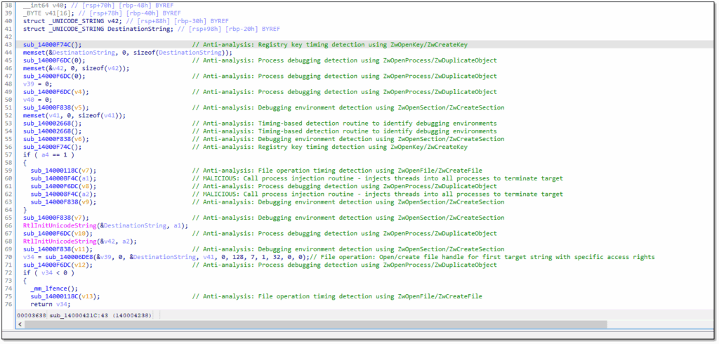 Disassembly showing eskle.sys driver anti-analysis capabilities including VM detection and debugging countermeasures