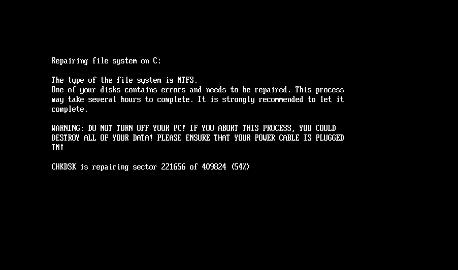 Fake CHKDSK message displayed during HybridPetya disk encryption process