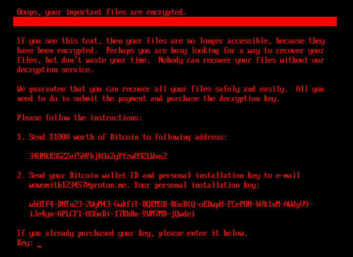 HybridPetya ransom note demanding Bitcoin payment