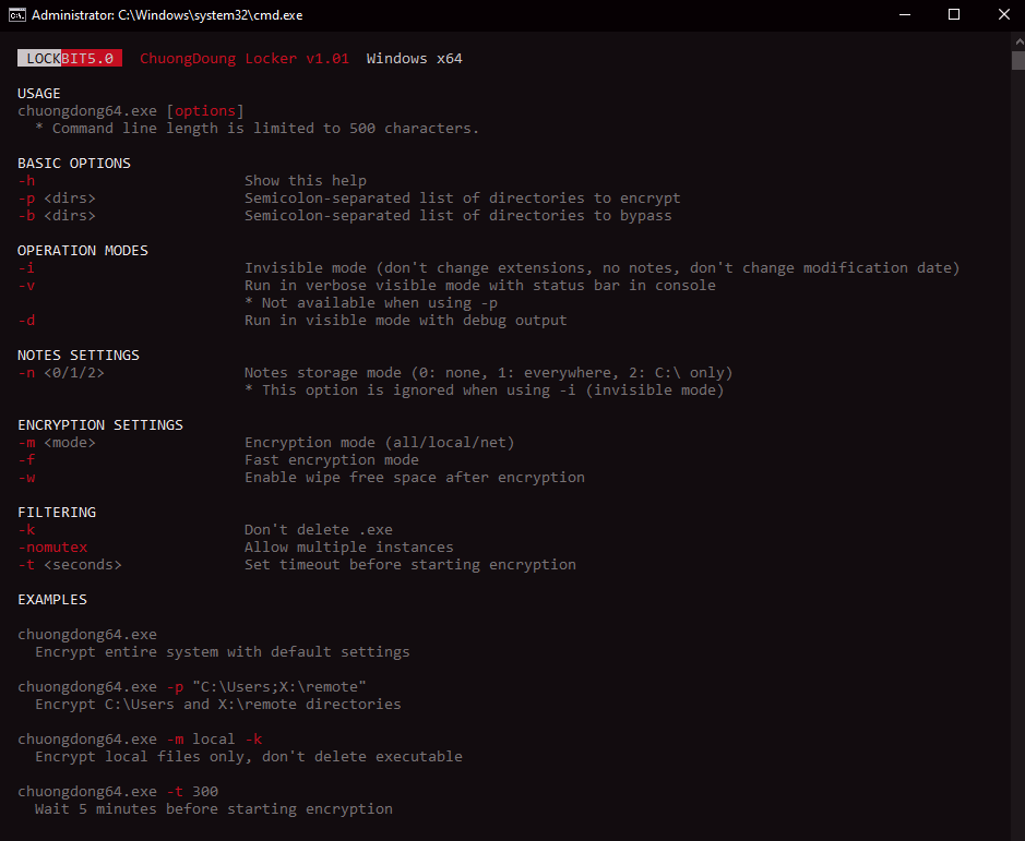 LockBit 5.0 help interface showing available parameters and options