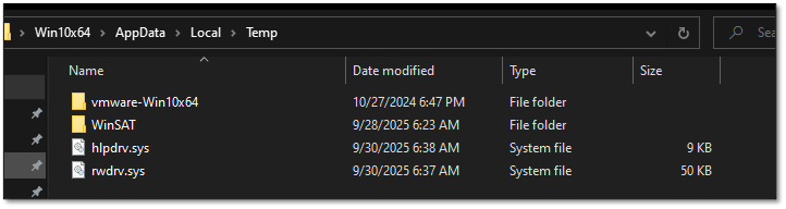 File system view showing hlpdrv.sys and rwdrv.sys dropped by msimg32.dll in Windows Temp directory