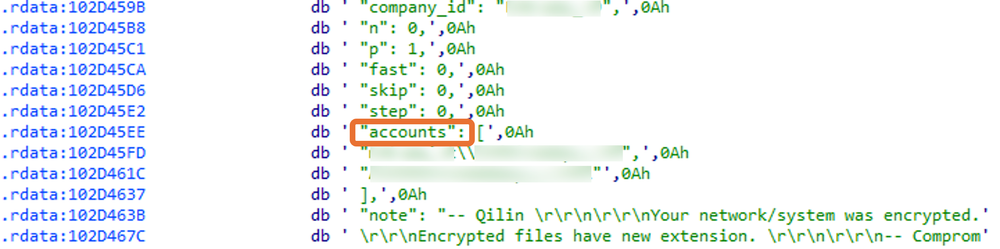 Qilin ransomware configuration showing hardcoded victim credentials and targeted directoriescredentials