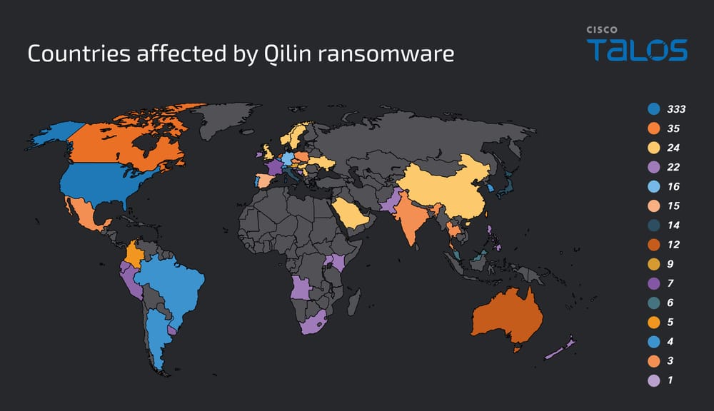 World map showing countries affected by Qilin ransomware with color-coded attack frequencymap 2025