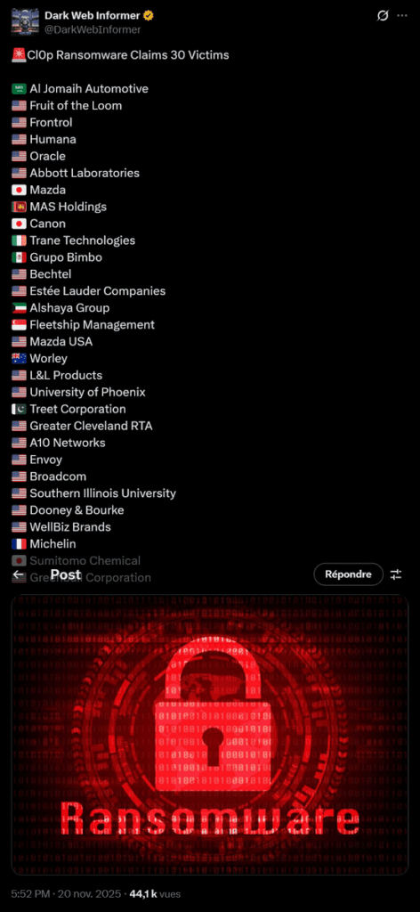 victims claimed by Cl0p November 20 2025