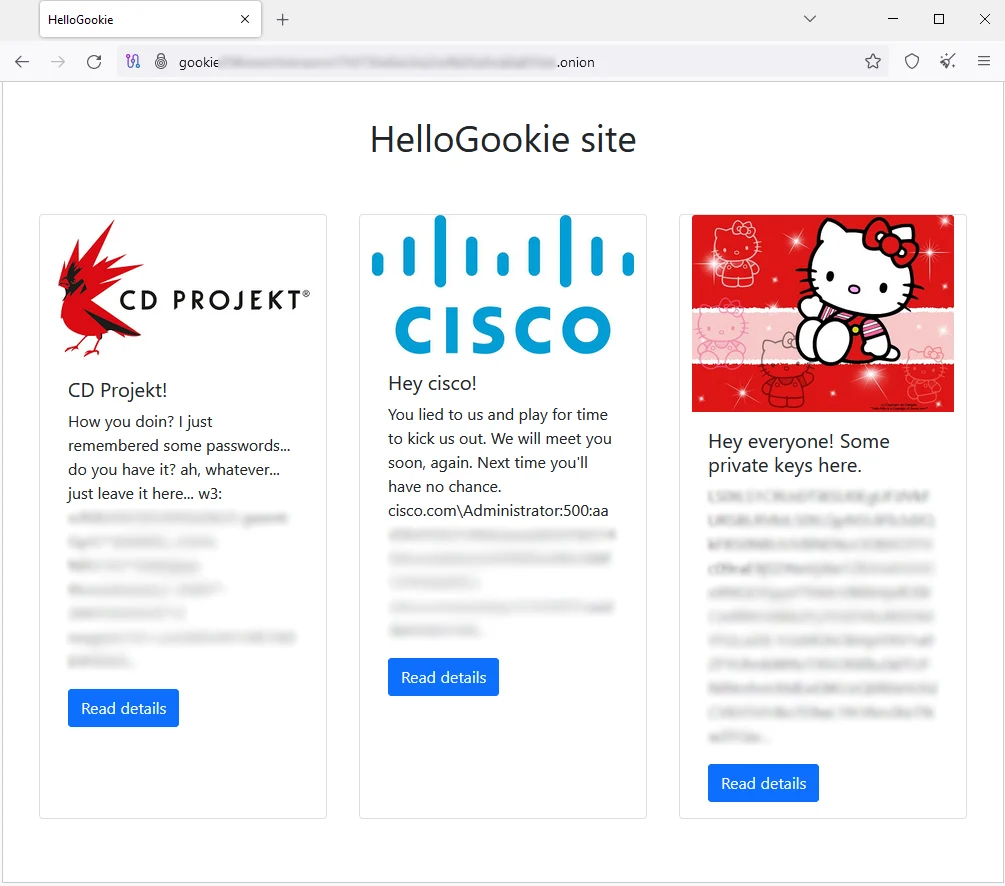 Screenshot of HelloGookie data leak site landing page