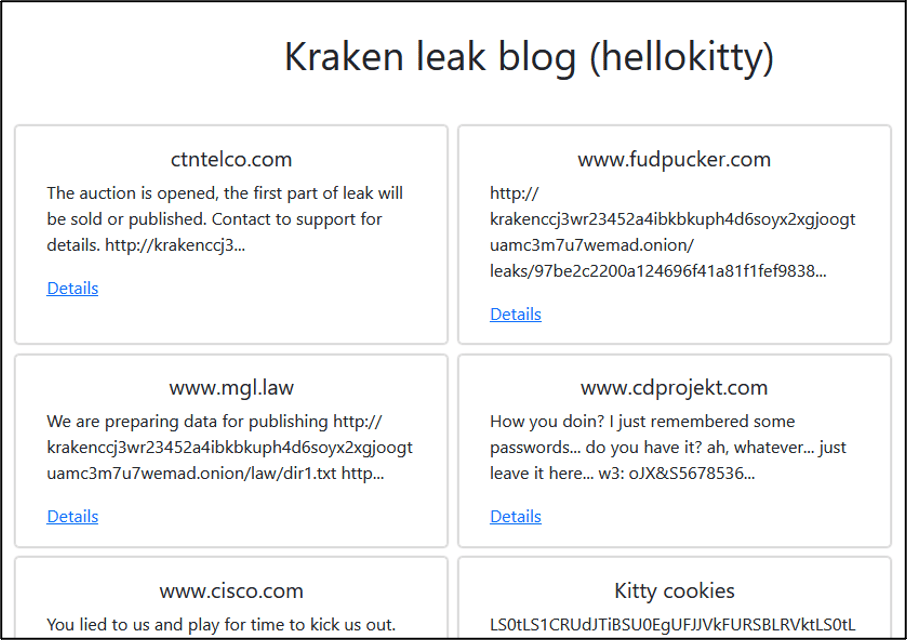 Screenshot of Kraken ransomware data leak website referencing HelloKitty