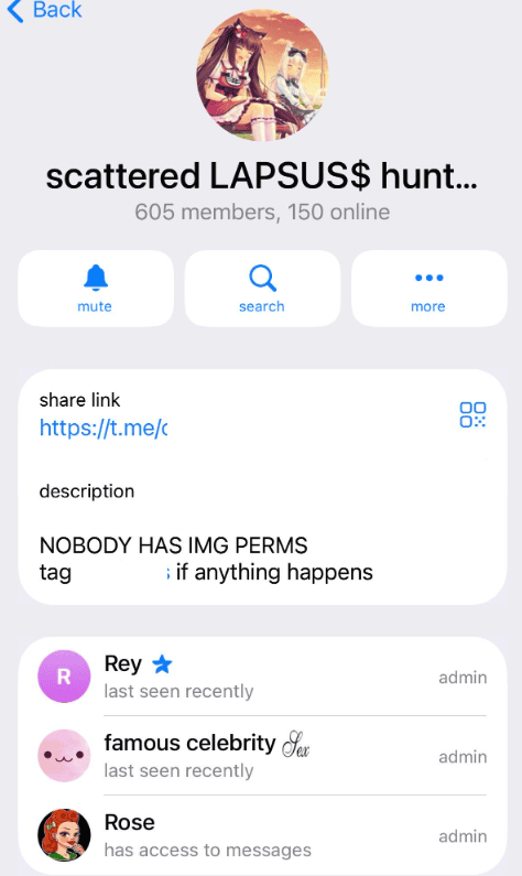 Screenshot of Scattered LAPSUS$ Hunters Telegram channel showing Rey as one of three administrators alongside channel description