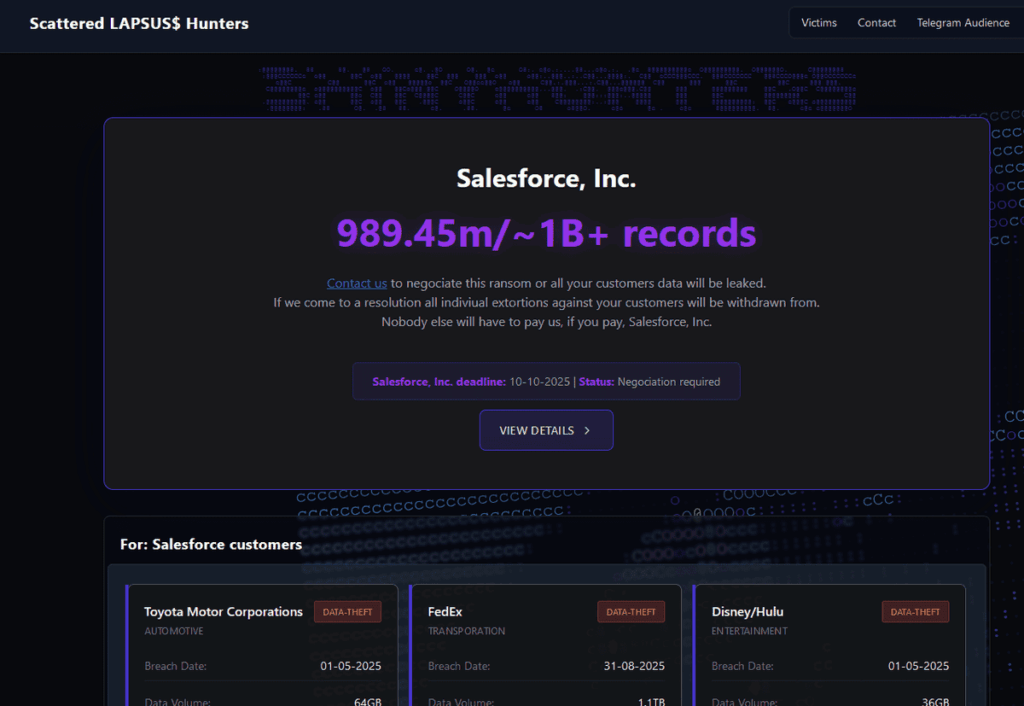 Screenshot of Scattered LAPSUS$ Hunters Salesforce extortion site threatening to leak data from compromised companies