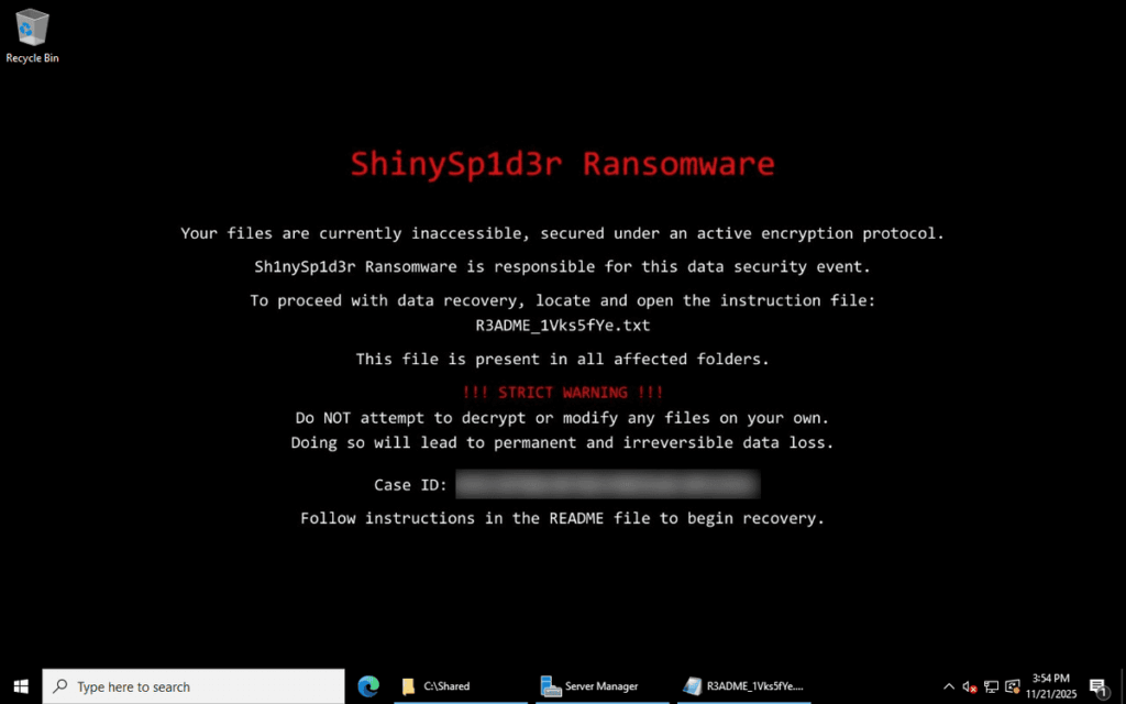ShinySp1d3r ransomware wallpaper displayed on infected systems showing the attacker's branding