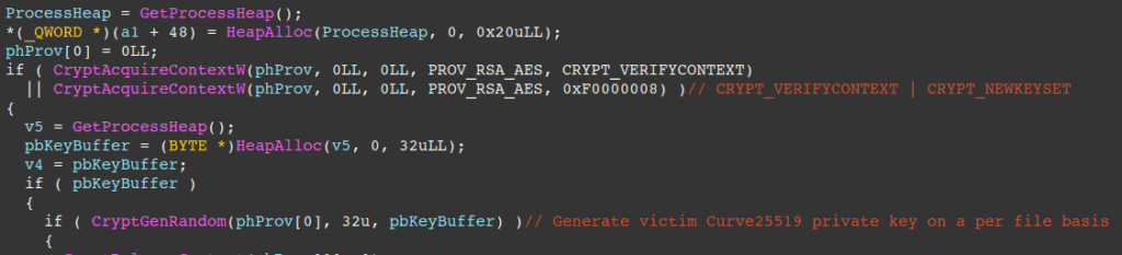Sinobi ransomware generating a Curve-25519 private key using CryptGenRandom
