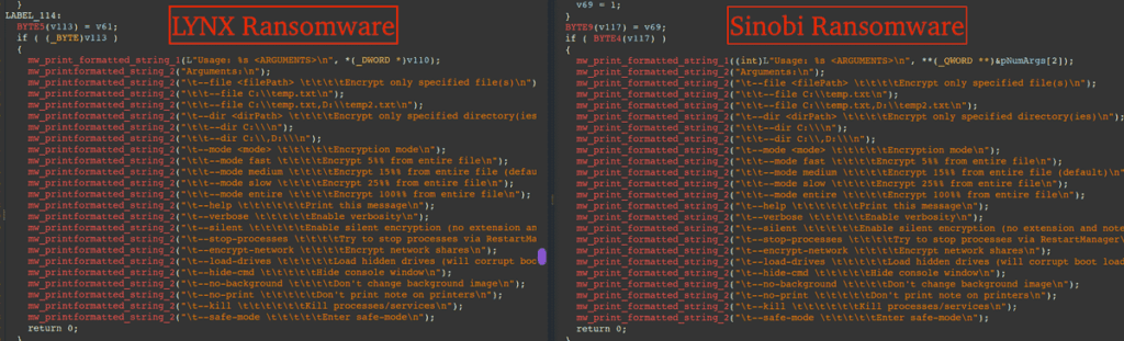 Code comparison screenshot showing structural similarities between Lynx and Sinobi ransomware binaries