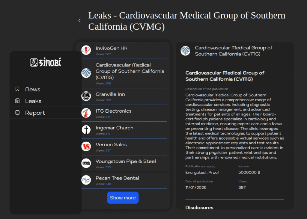 Screenshot of Sinobi ransomware leak site showing victim listing with countdown timer and stolen data samples