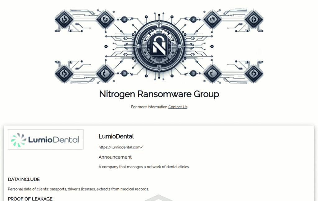 Screenshot of Nitrogen ransomware leak site showing victim data publication