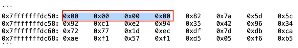 Hexadecimal memory dump showing corrupted public key with four bytes zeroed out and highlighted