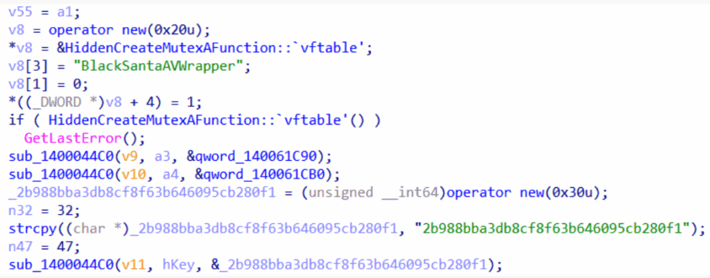 Screenshot of BlackSantaAVWrapper mutex found in the BlackSanta EDR killer binary