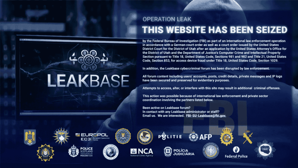 Screenshot of the FBI seizure banner on the LeakBase cybercrime forum domain