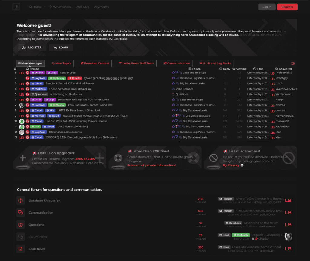 Screenshot of LeakBase cybercrime forum homepage archived on January 15, 2026 via Wayback Machine