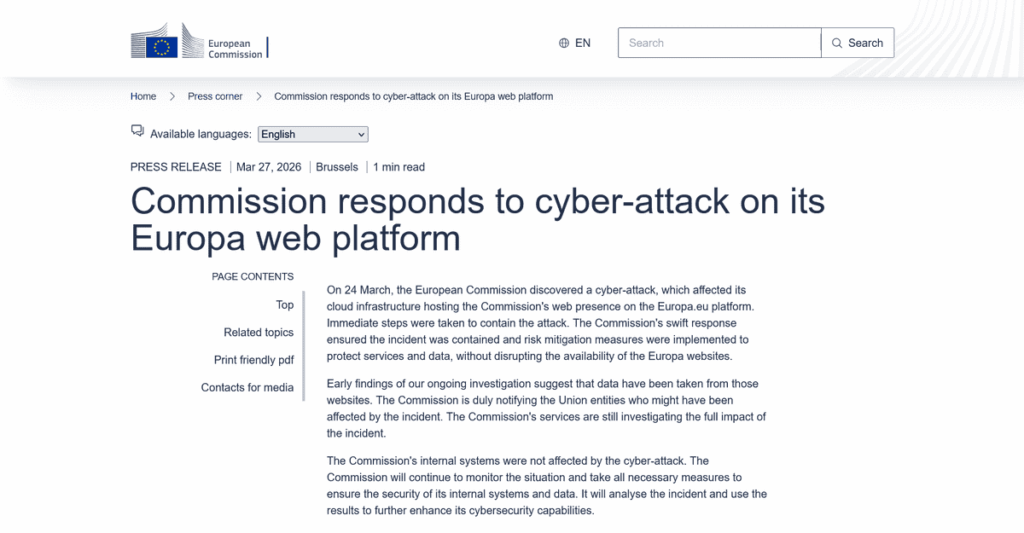 Screenshot of European Commission press release