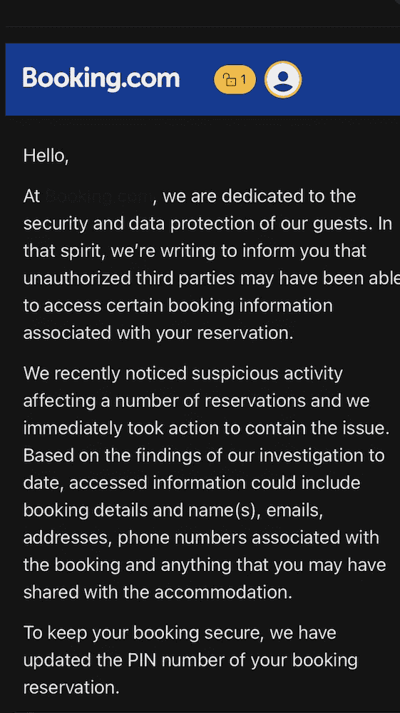 Booking.com data breach notification email sent to affected customers
