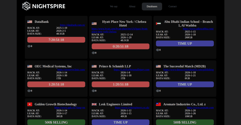 Screenshot of NightSpire ransomware group's dark web leak site as documented in March 2026, showing listed victims