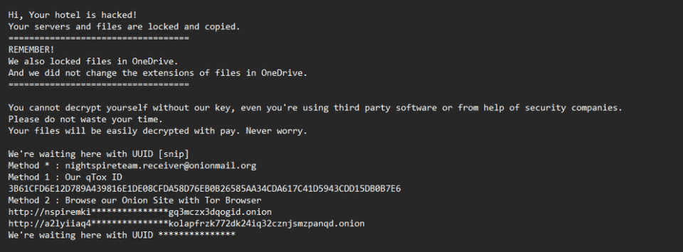 Screenshot of NightSpire ransomware ransom note (readme.txt) displaying contact methods including qTox ID, email addresses and Tor onion links