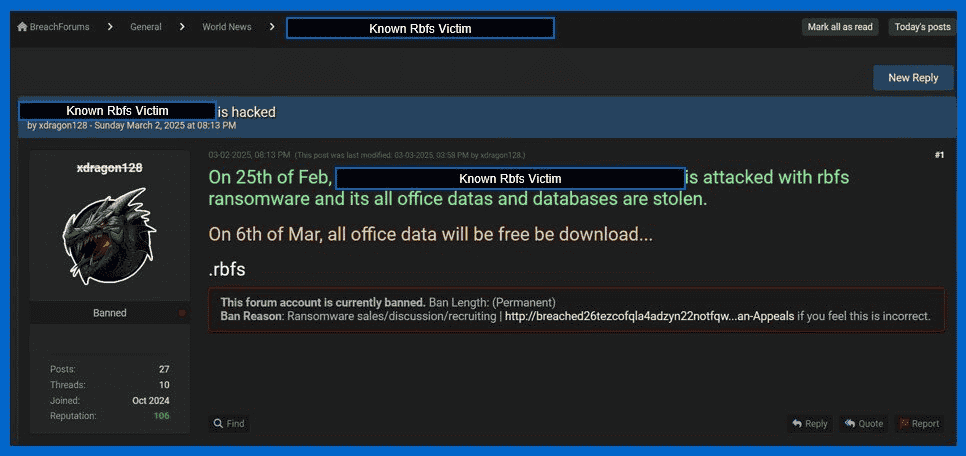 Screenshots of xdragon128's BreachForums 2 posts advertising Rbfs ransomware victims, the precursor group to NightSpire