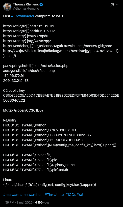 First JDownloader compromise IoCs