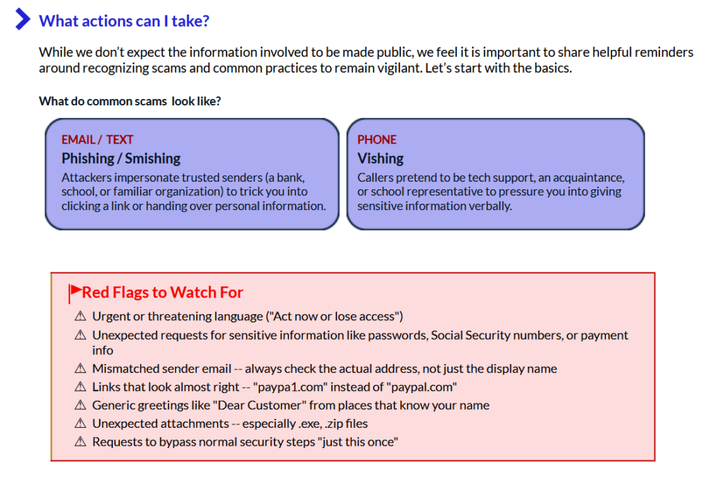 Instructure fact sheet describing phishing, smishing, and vishing scams targeting Canvas users following the ShinyHunters data breach