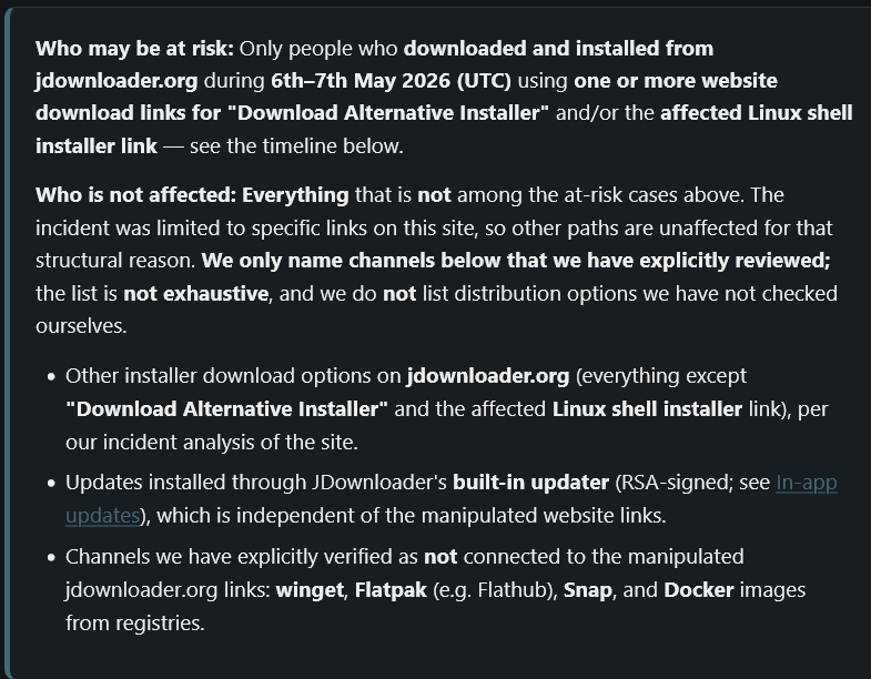 Screenshot of JDownloader incident notice listing affected and unaffected download channels