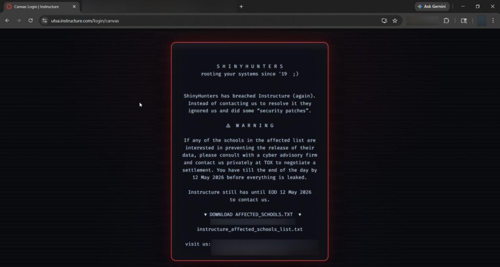 ShinyHunters extortion message on a defaced Canvas login page
