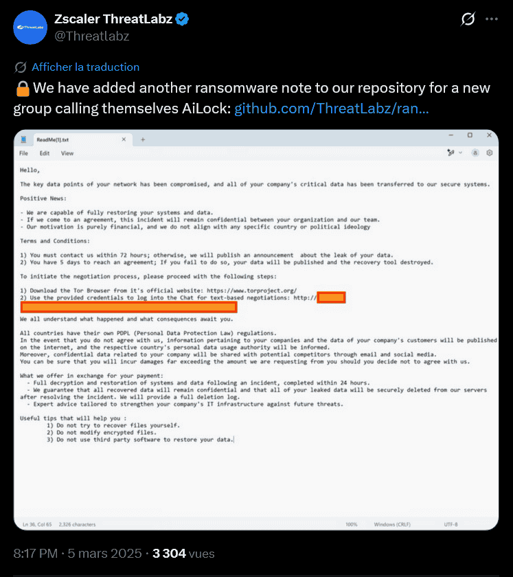 First mention AiLock ransomware by Zscaler ThreatLabz on X