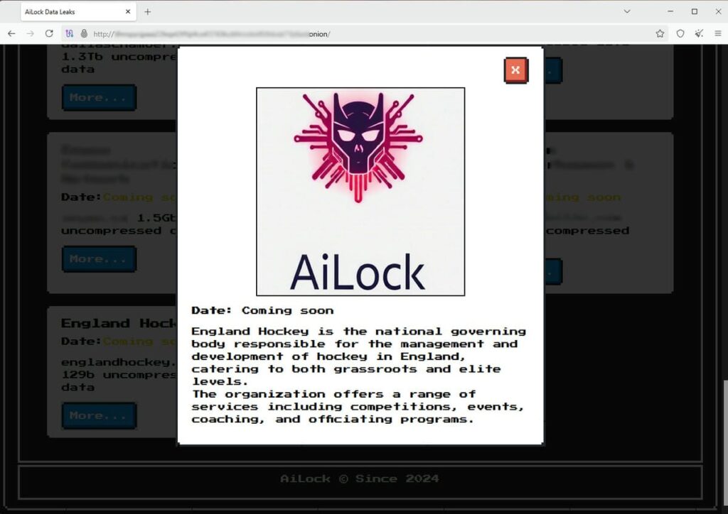 Screenshot of AiLock dark web leak site claiming England Hockey breach