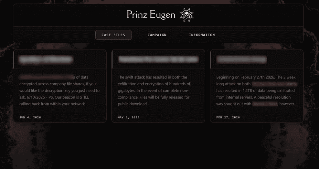 Screenshot of Prinz Eugen ransomware data leak site listing claimed victims