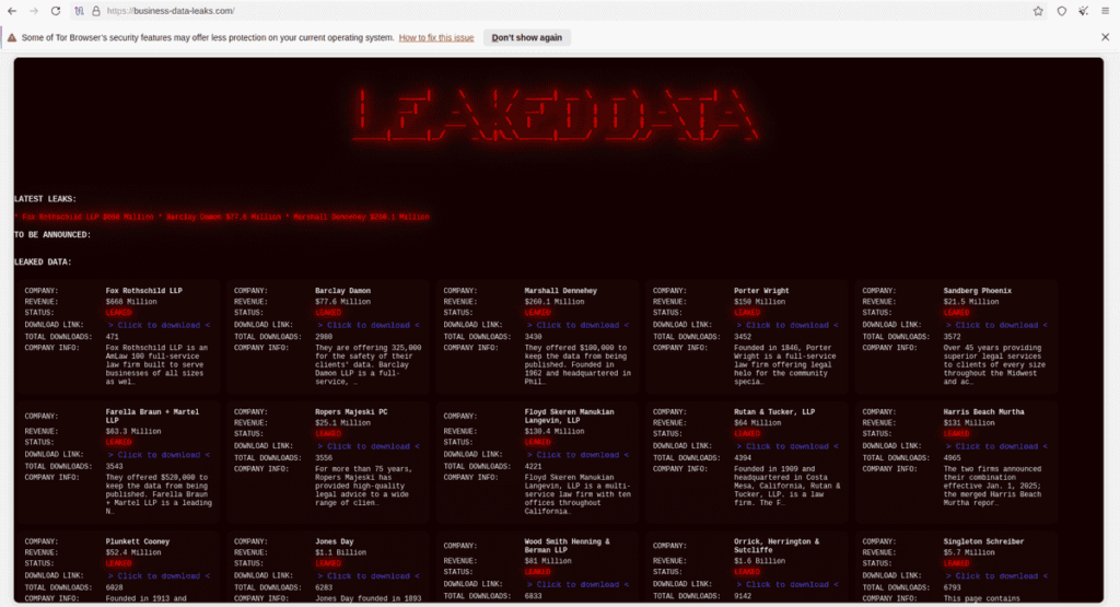 Screenshot of Silent Ransom Group business-data-leaks clearnet data leak site interface